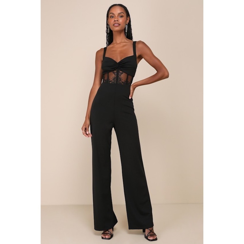 Lulus Adore The Feeling Black Sheer Lace Bustier Twist-front Jumpsuit - Size XL